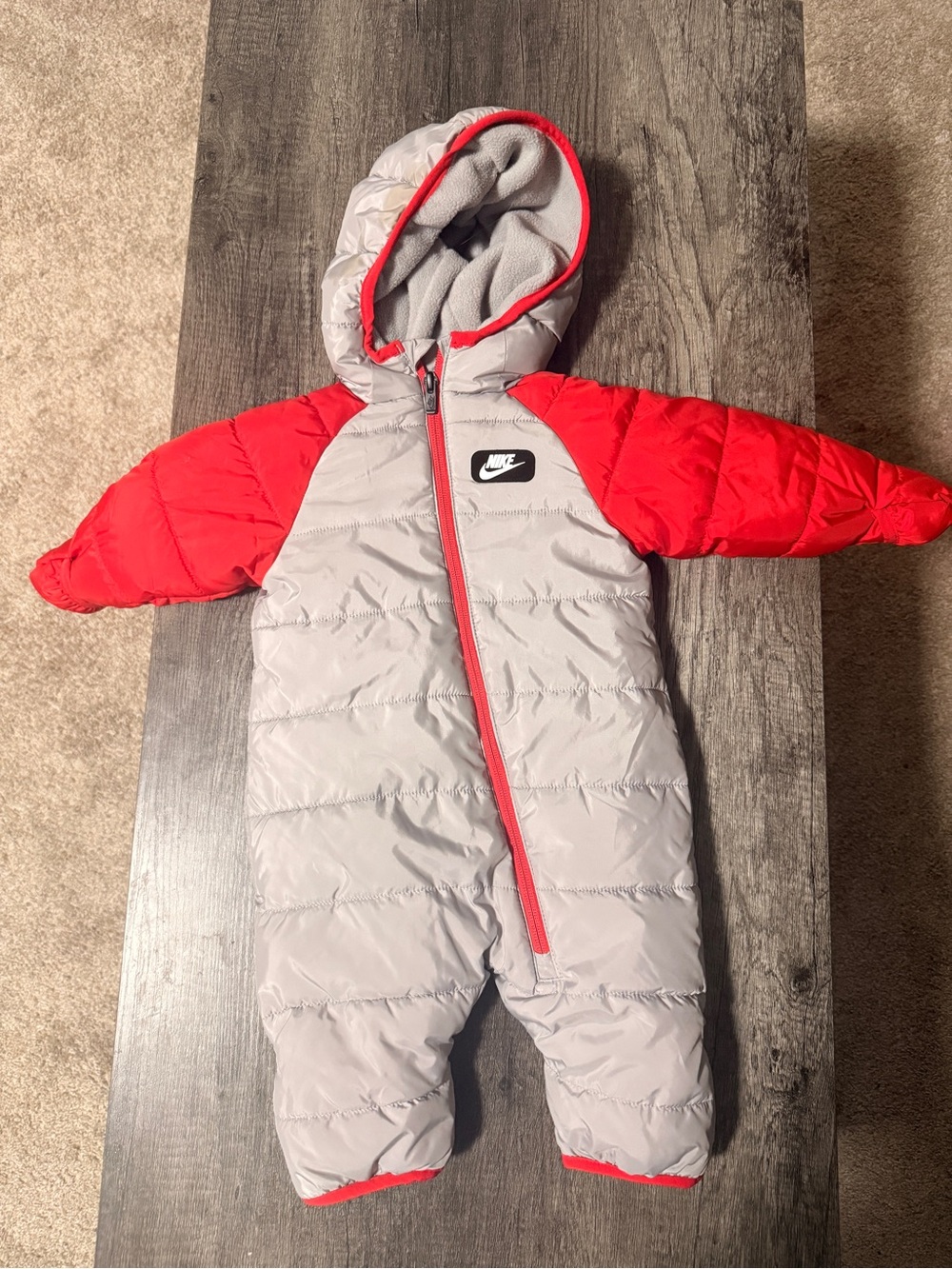Nike Baby Grey and Red Puffer Bunting with Hood